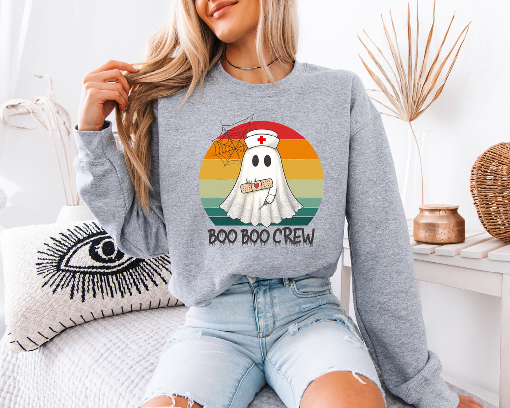 Boo Boo Crew Nurse retro Halloween Sweatshirt, Halloween Gift for Nurse Sweater, Nurse Spooky , Nurse Halloween Boo Boo Crew
