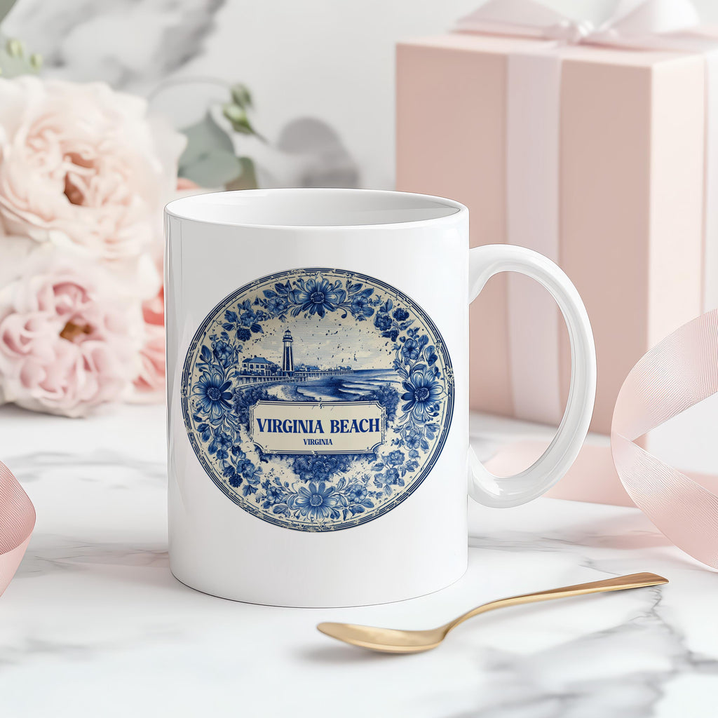 Virginia Beach Virginia Mug, Custom Delft Style cup, Personalized Vintage Travel City Gift