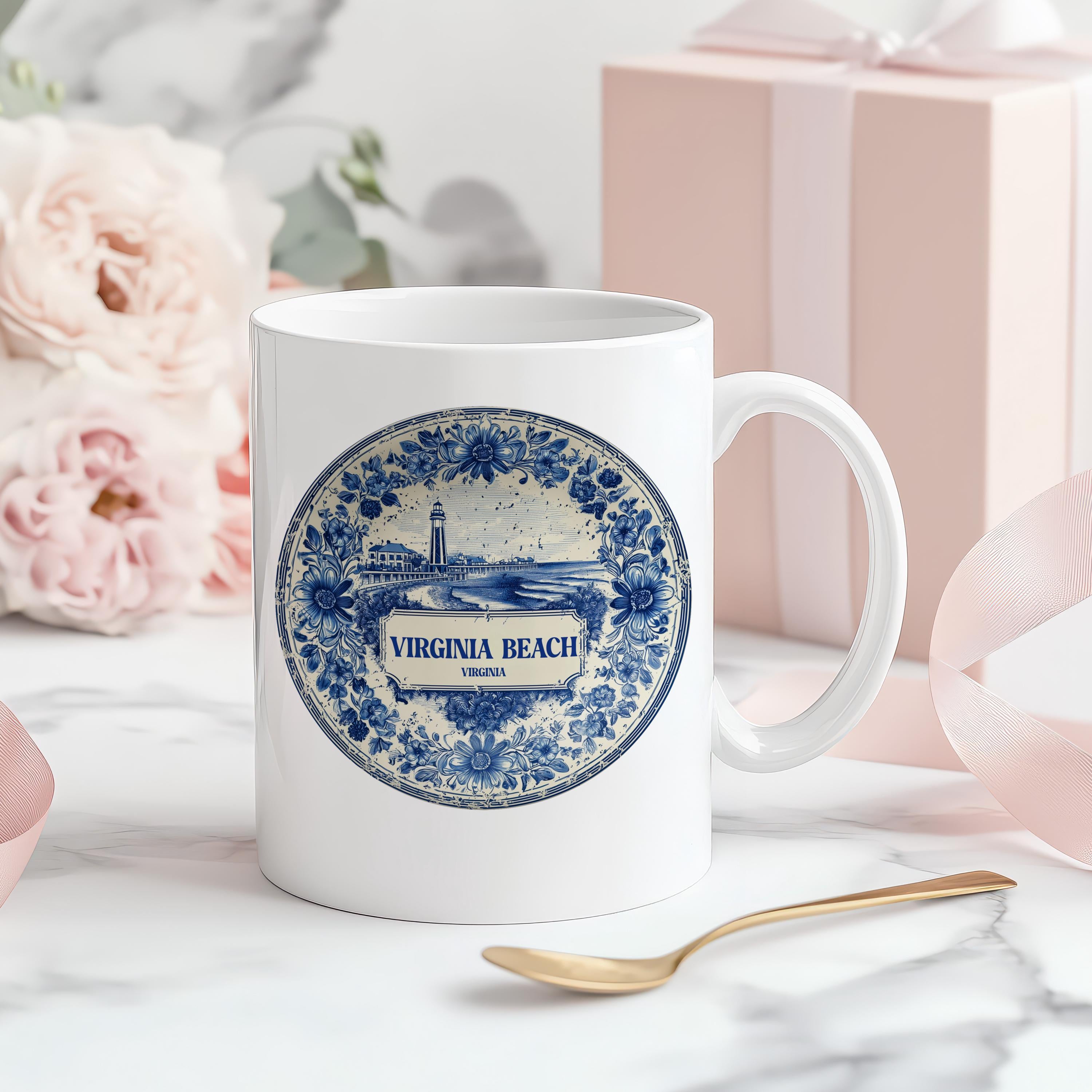 Virginia Beach Virginia Mug, Custom Delft Style cup, Personalized Vintage Travel City Gift