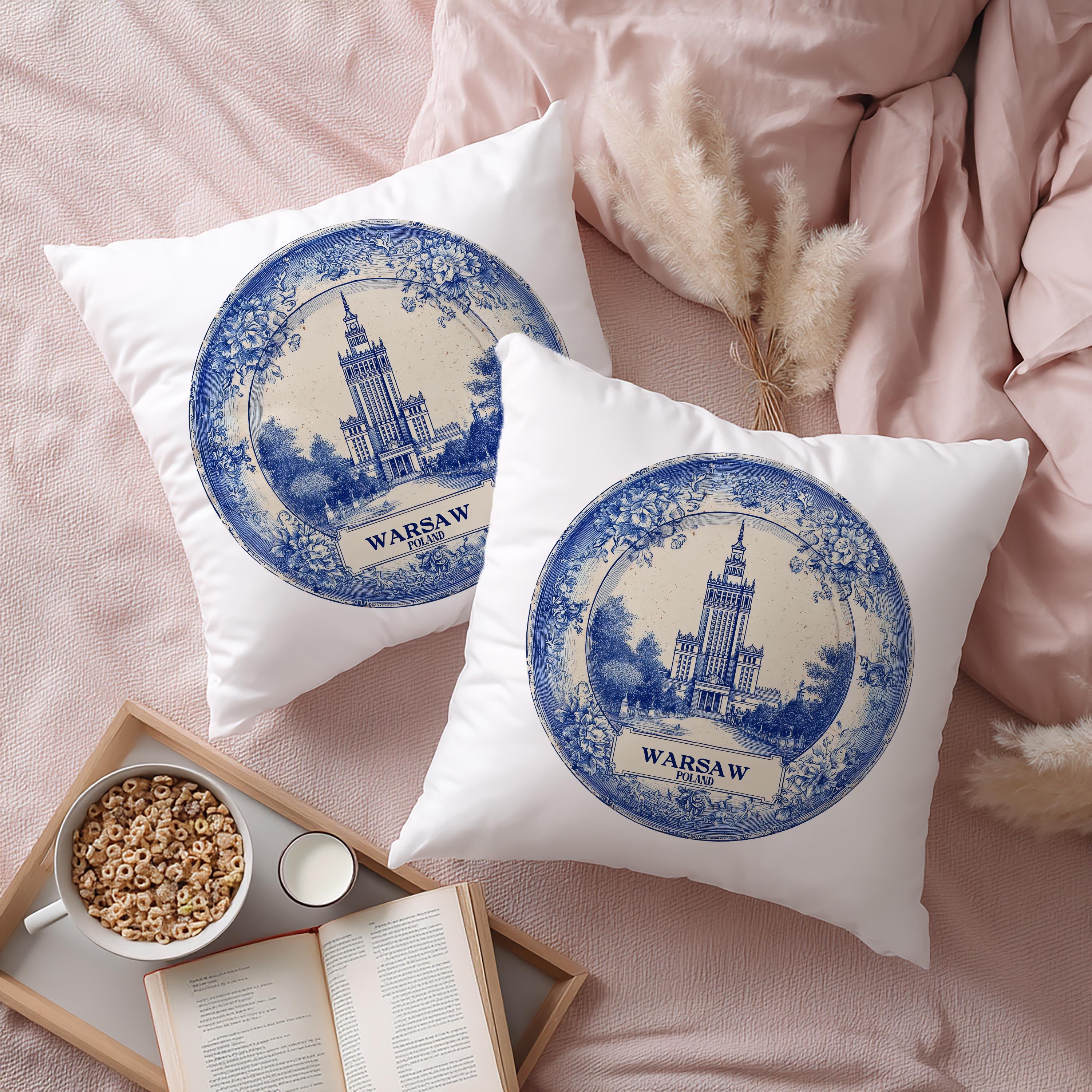Warsaw Poland Pillowcase, Delft Style Decorative Throw Pillow, Vintage Cityscape Retro Home Decor