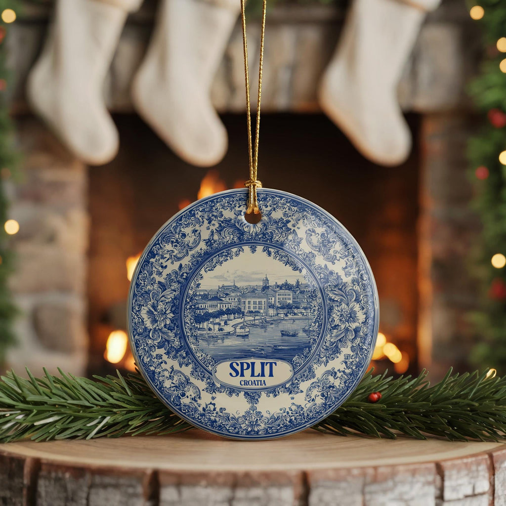 Custom Split Croatia Ceramic Delft Ornament, Christmas Delftware Blue Delftware city travel
