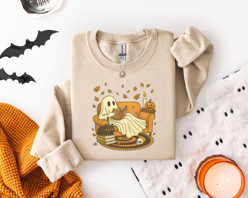 Ghost Book Reader Halloween Sweatshirt: Cozy Spooky Season Gift for book lovers