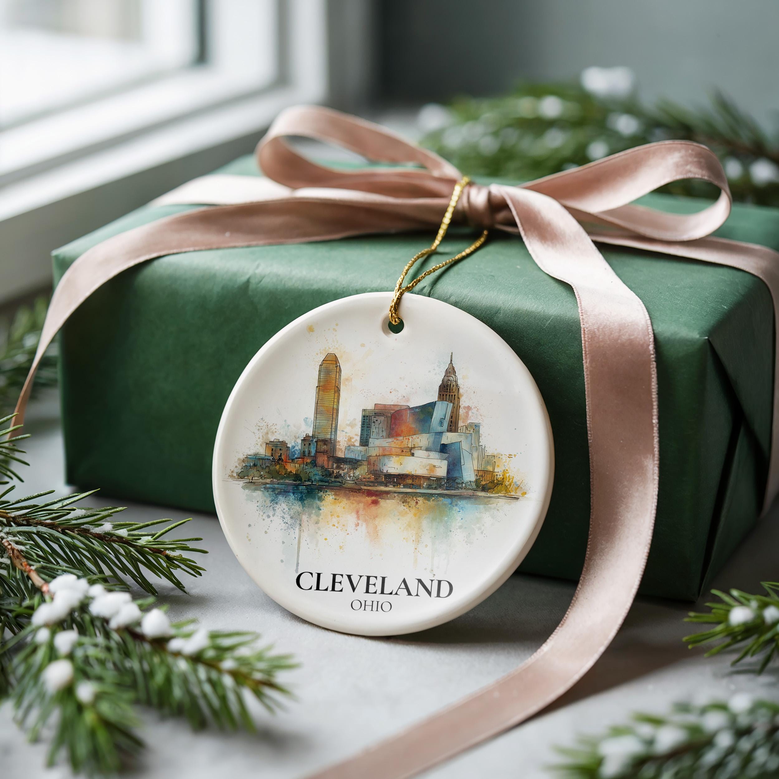 Cleveland Personalized Watercolor Ornament, Ohio Custom Ceramic Christmas gift, Travel Keepsake
