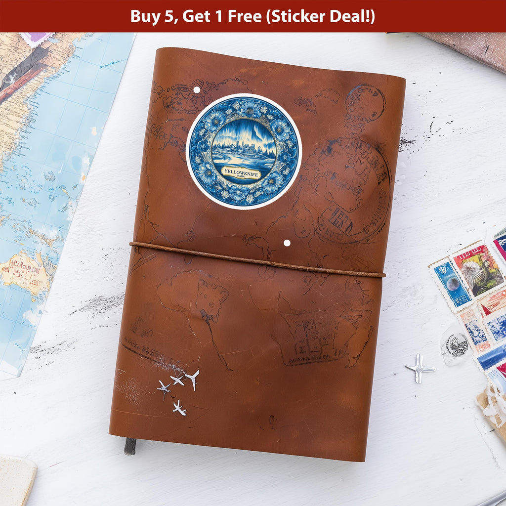 Yellowknife Canada Sticker Vintage Delft style, Delftware Decal Waterproof Vinyl, Blue City Travel