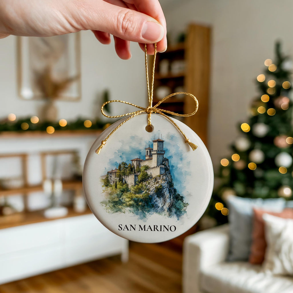 San Marino Personalized Watercolor Ornament, Custom Ceramic Christmas gift, Travel Keepsake