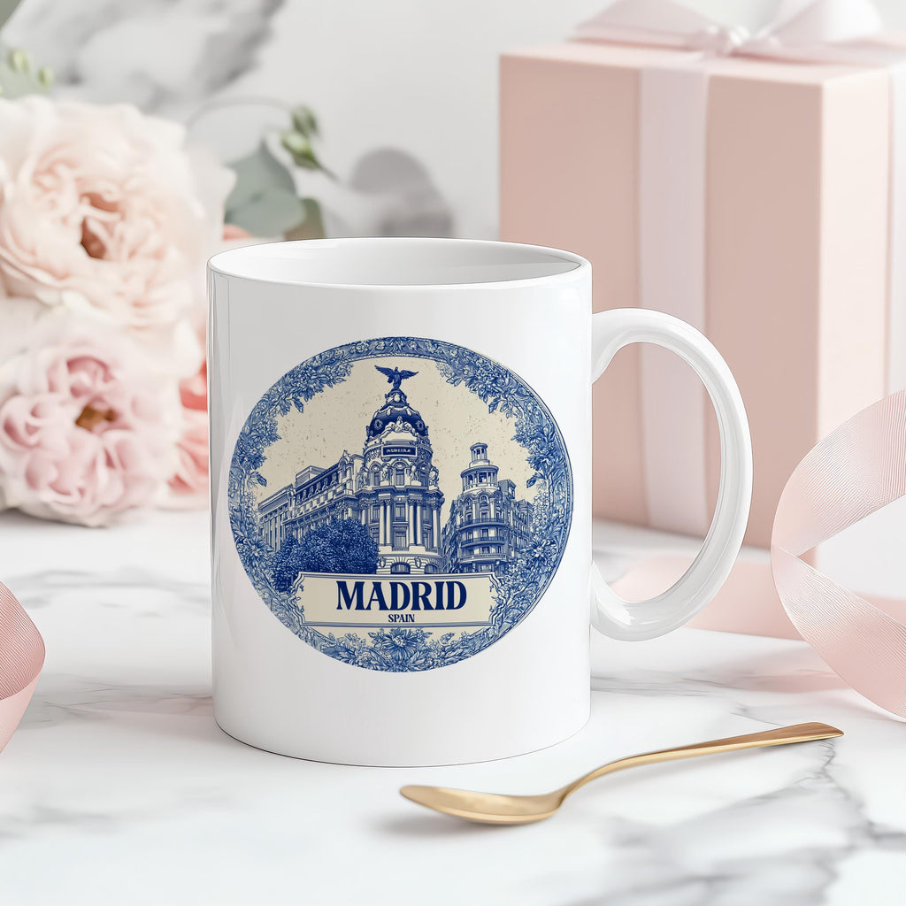 Madrid Spain Mug, Custom Delft Style cup, Personalized Vintage Travel City Gift