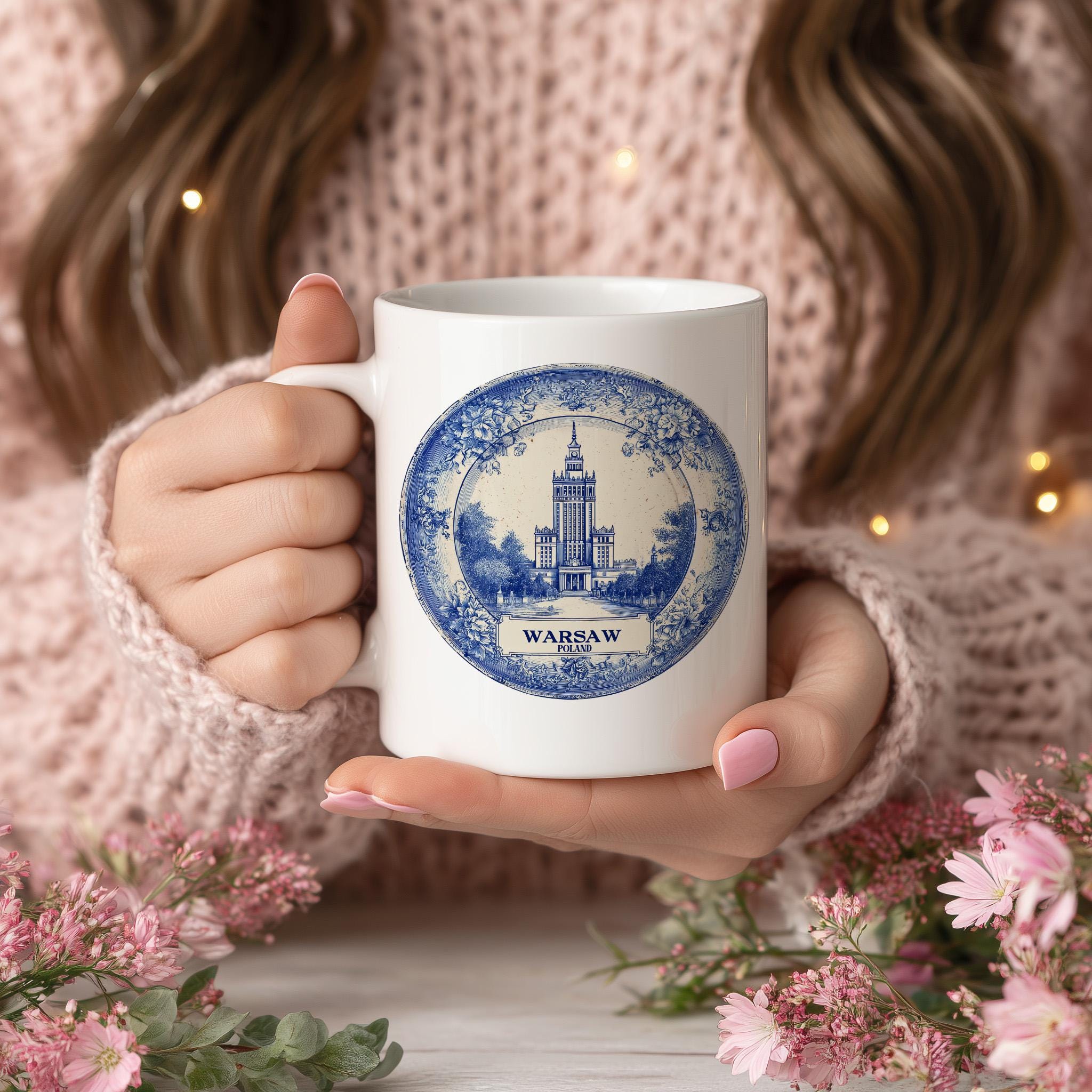 Warsaw Poland Mug, Custom Delft Style cup, Personalized Vintage Travel City Gift
