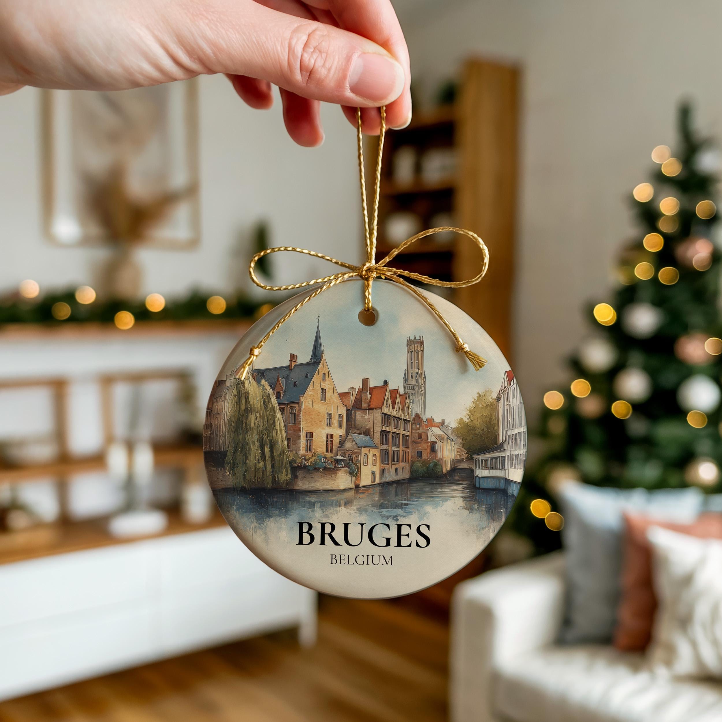 Bruges Belgium Personalized Watercolor Ornament, Custom Ceramic Christmas gift, Travel Keepsake