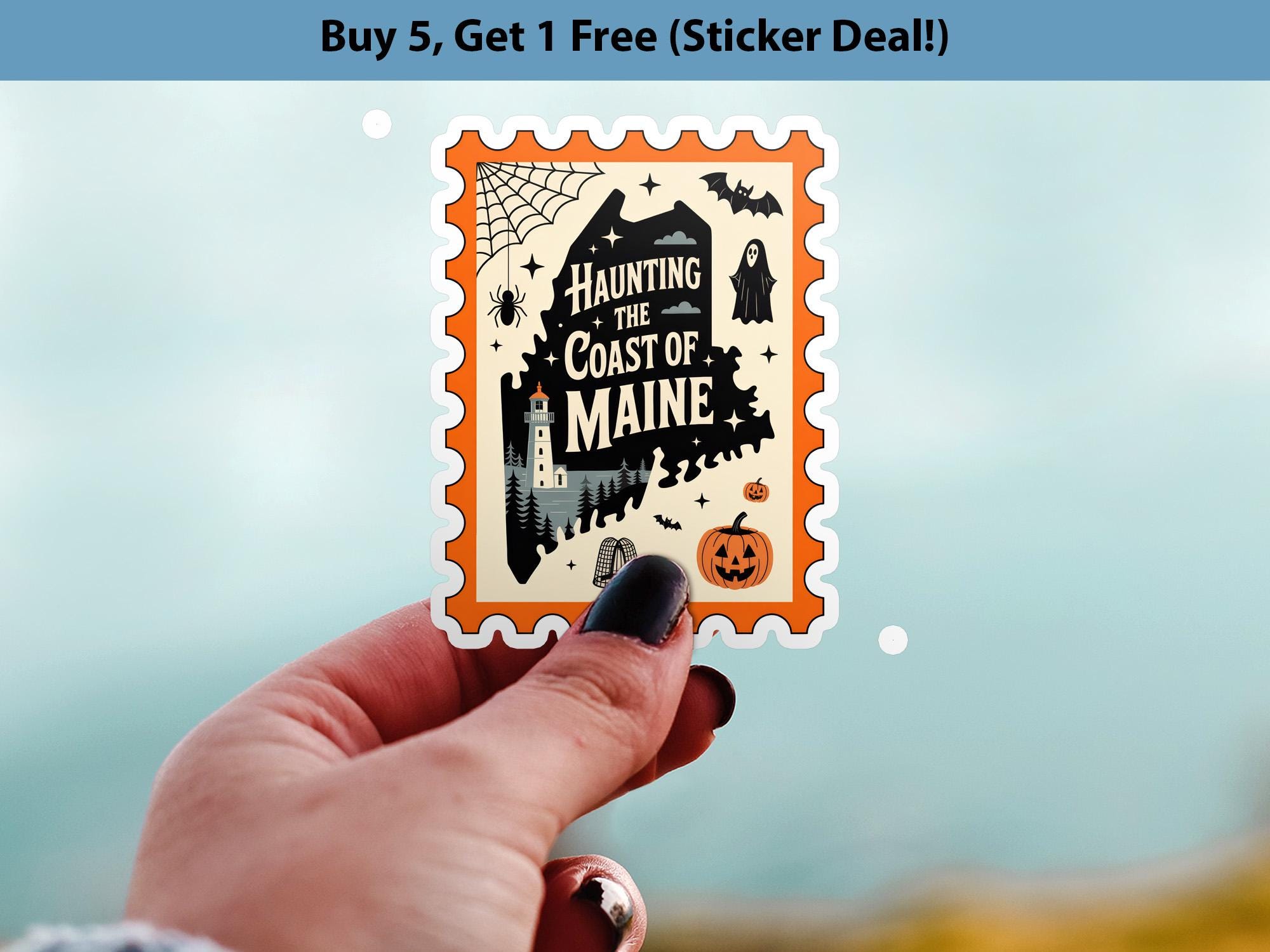 Maine Stamp Halloween Sticker, Spooky USA Kiss-Cut Vinyl, Waterproof Decal, United States Travel