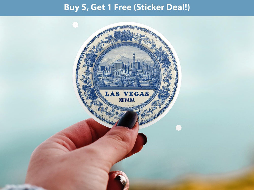 Las Vegas Nevada Sticker Vintage Delft style, Delftware Decal Waterproof Vinyl, Blue City Travel