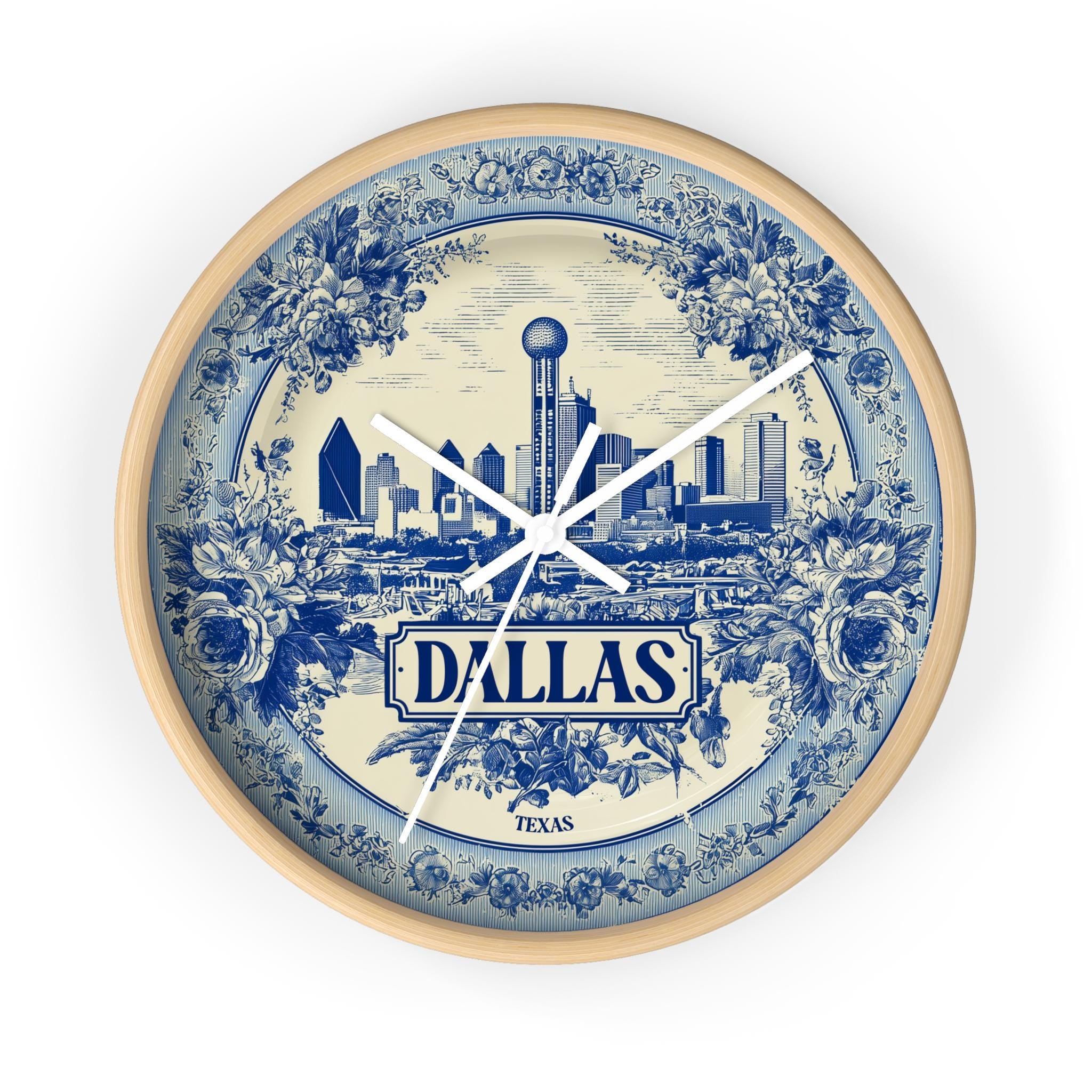 Dallas Texas Wall Clock, Delf style Home Decor, Vintage City Travel Keepsake Art