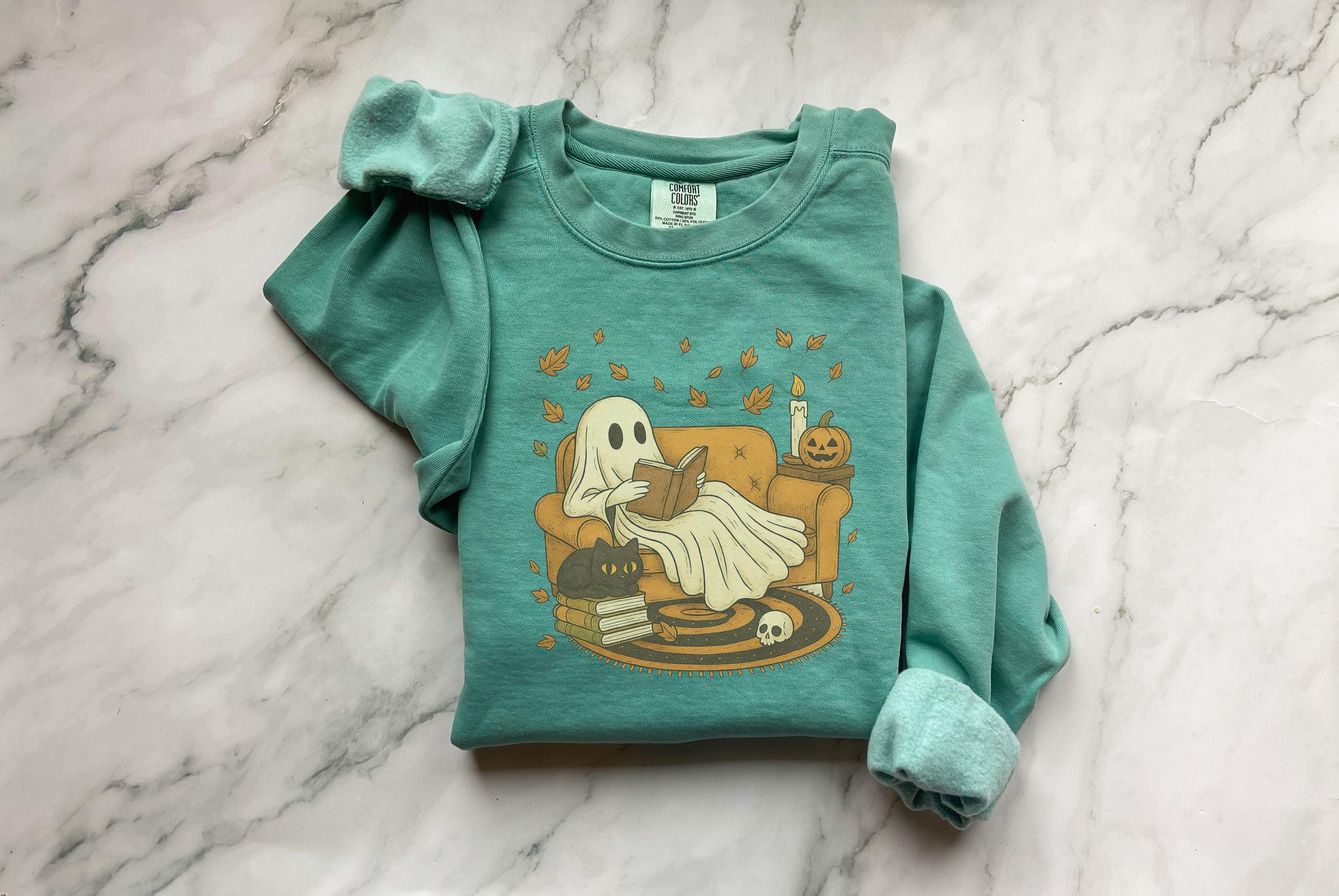 Retro Ghost reading book Halloween, Lazy Cute Halloween Spooky Season gift for her, Boo School, gift for her, him