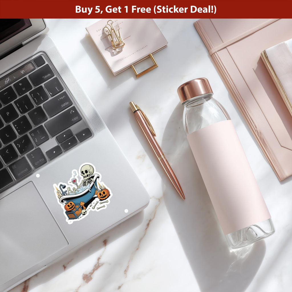 Skeleton in bathtub Sticker, Spooky Halloween Waterproof Decal for tumbler, kindle