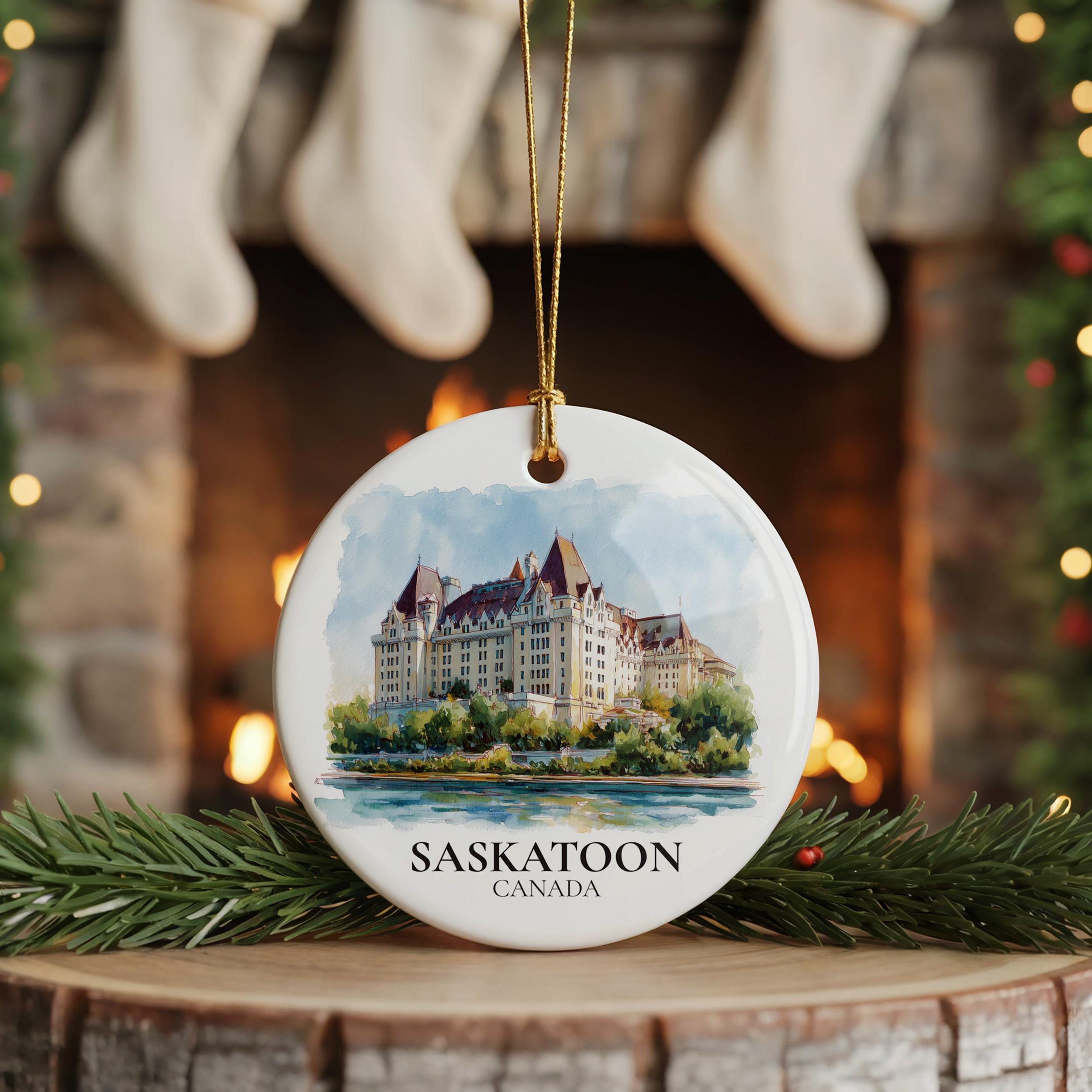 Saskatoon Saskatchewan Personalized Watercolor Ornament, Custom Ceramic Christmas gift, Travel Keepsake