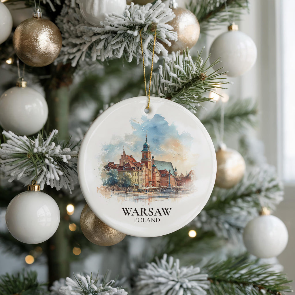 Warsaw Poland Personalized Watercolor Ornament, Custom Ceramic Christmas gift, Travel Keepsake