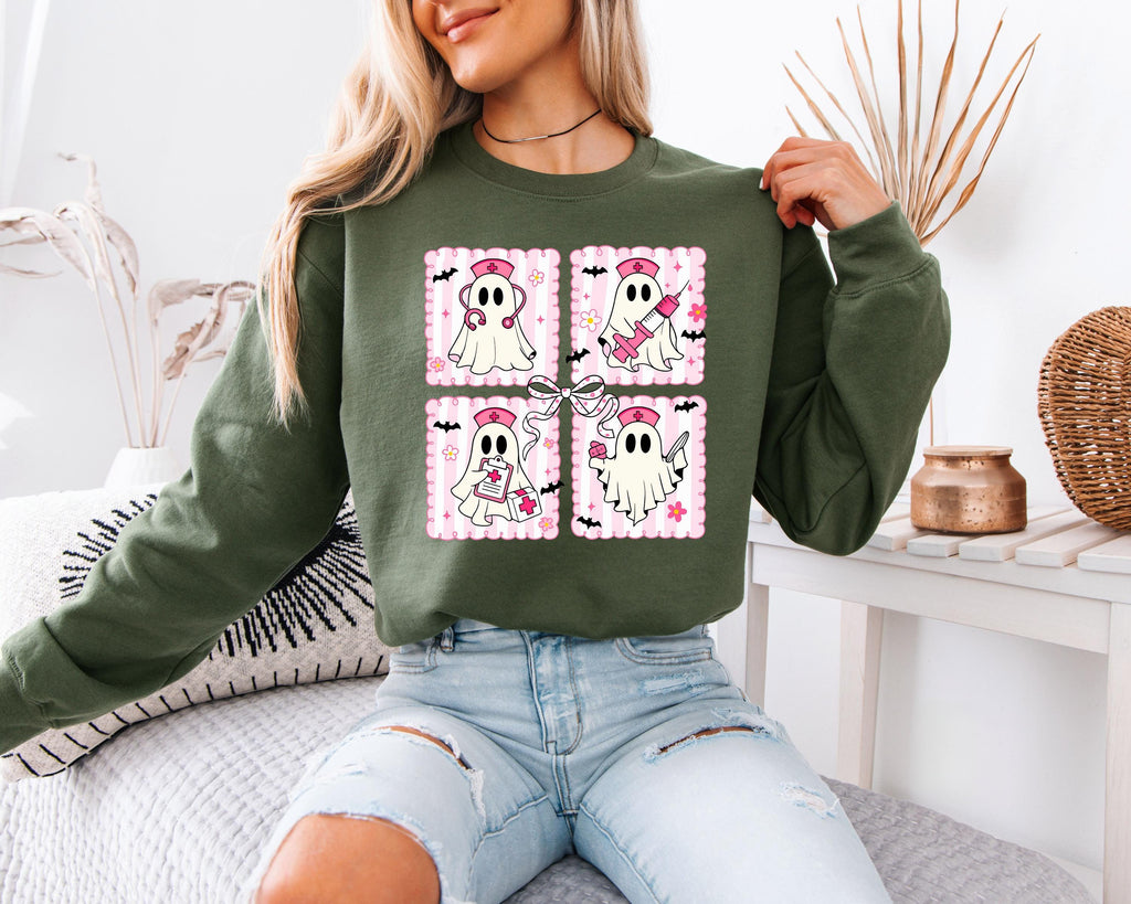 Cute Nurse Halloween Sweatshirt Pink ghost, Halloween Gift for Nurse Medical Lab, Nurse Spooky , Nurse Halloween Boo Boo Crew