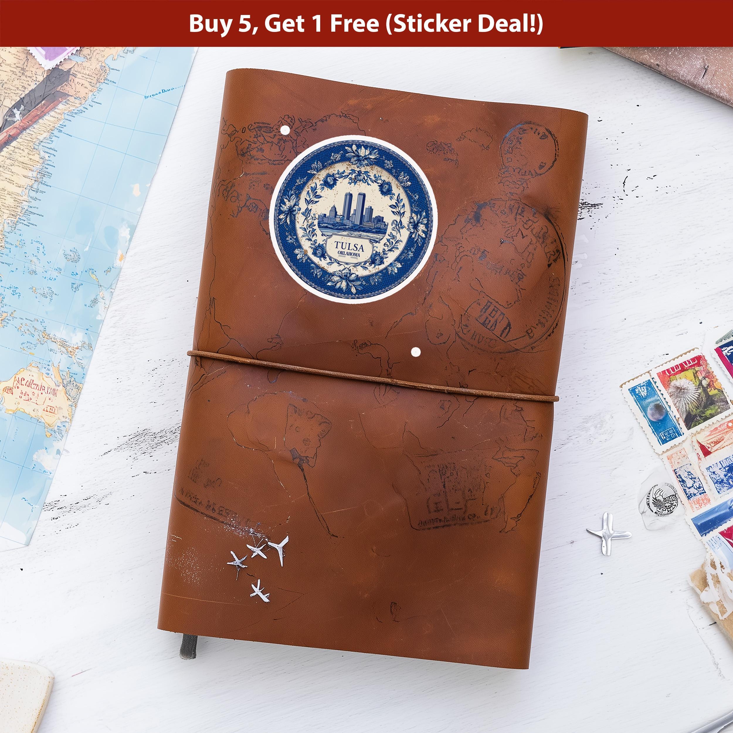 Tulsa Oklahoma Sticker Vintage Delft style, Delftware Decal Waterproof Vinyl, Blue City Travel USA