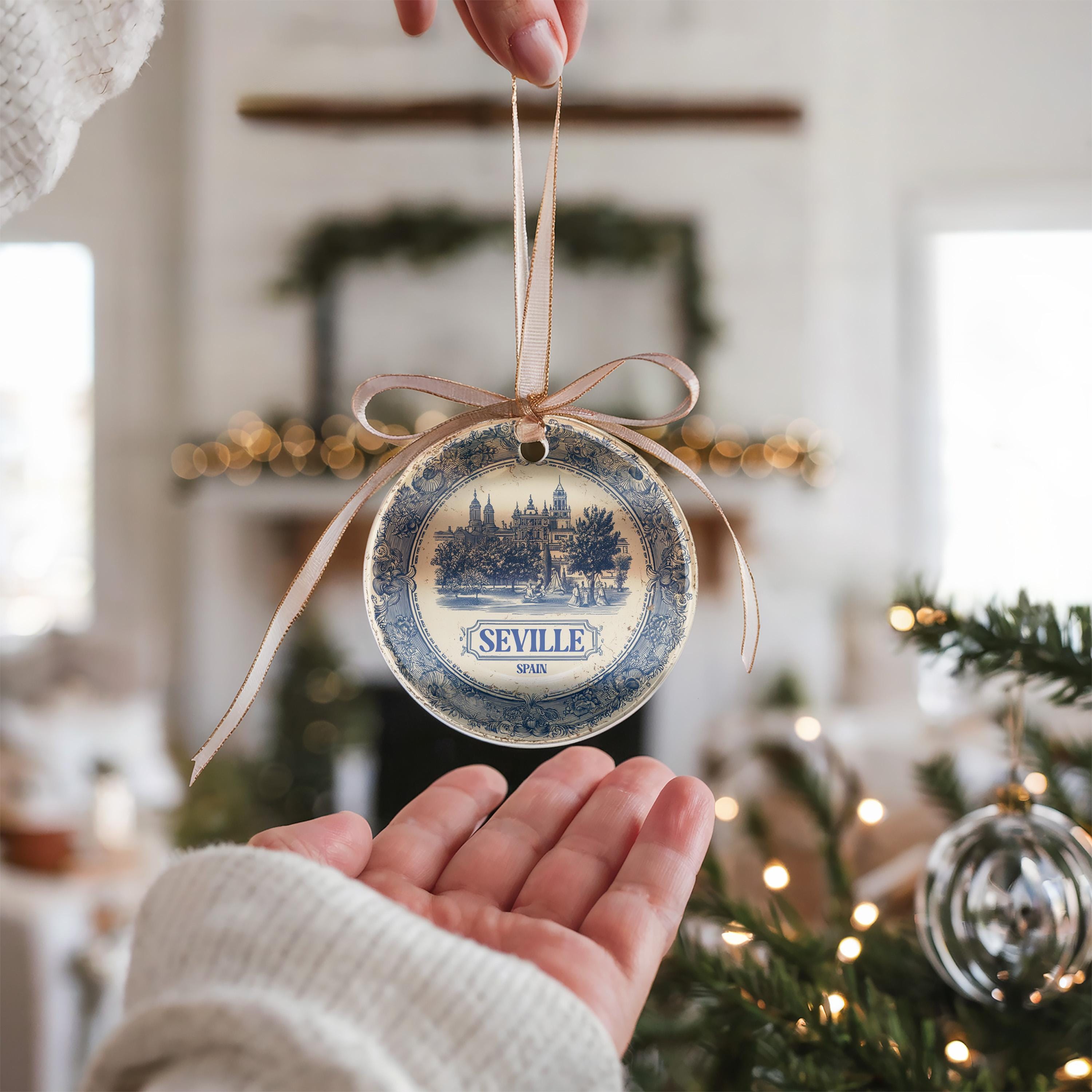 Custom Seville Spain Ceramic Delft Ornament, Christmas Delftware Blue Delftware city travel