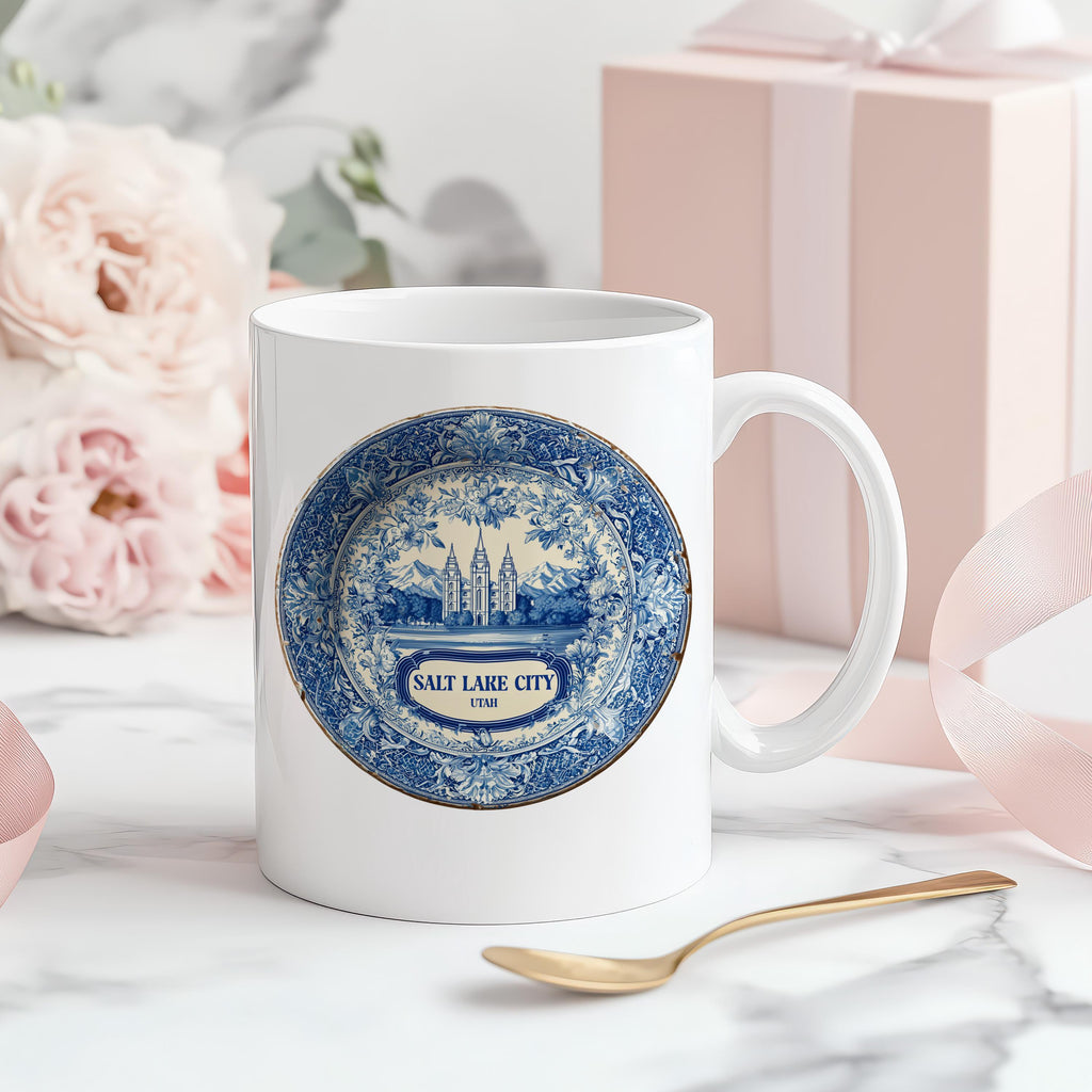 Salt Lake City Utah Mug, Custom Delft Style cup, Personalized Vintage Travel City Gift