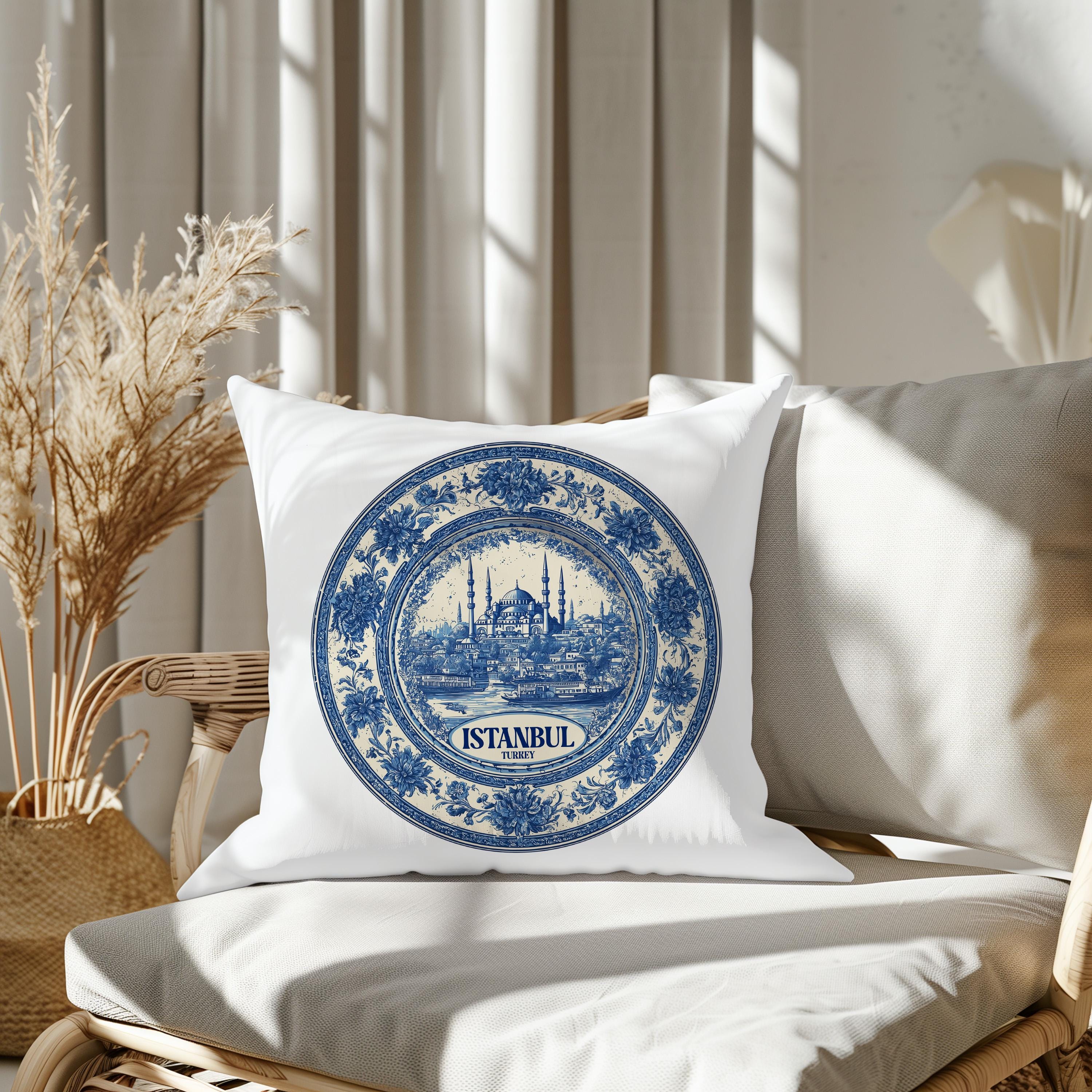 Istanbul Turkey Pillowcase, Delft Style Decorative Throw Pillow, Vintage Cityscape Retro Home Decor