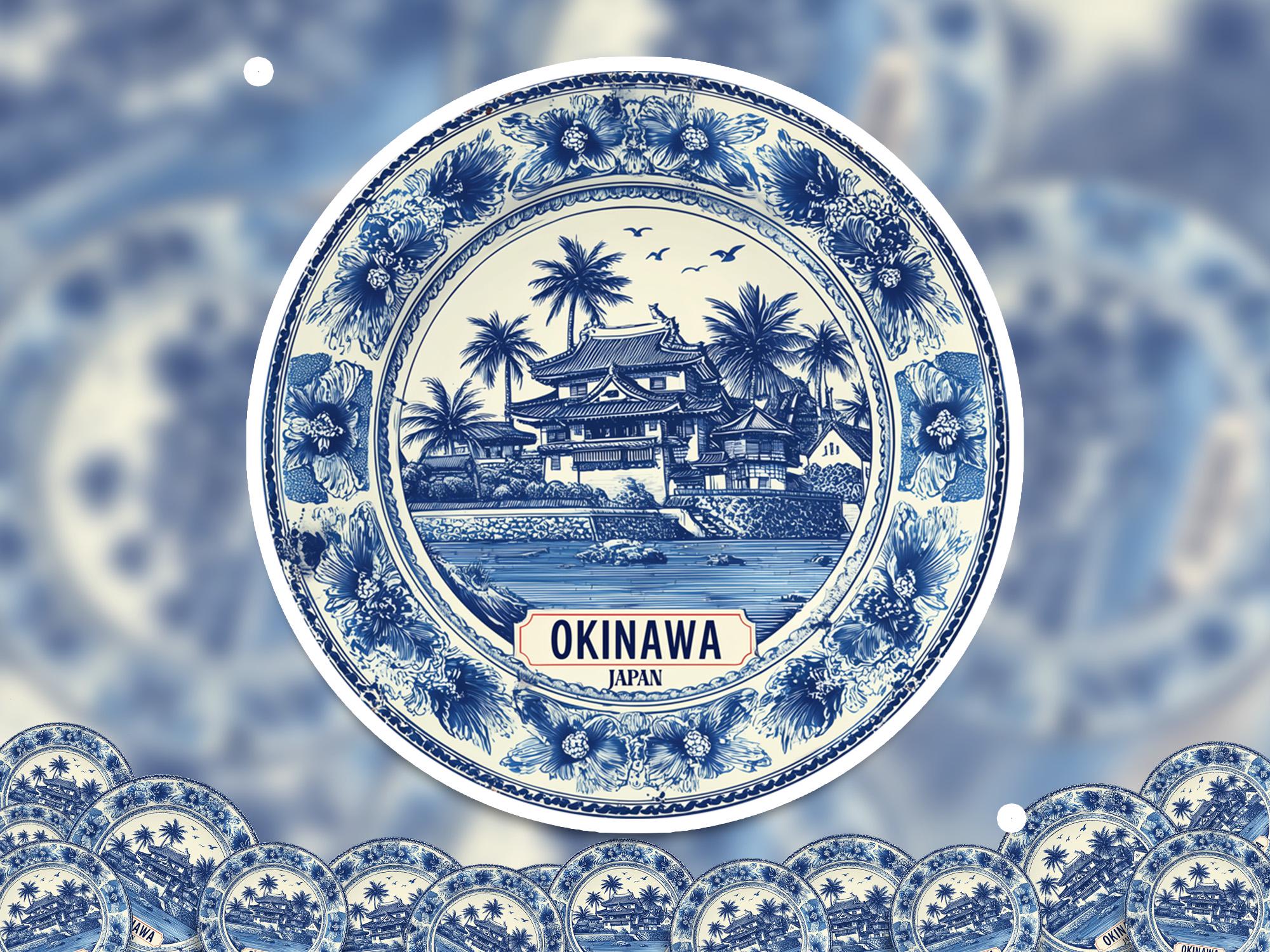 Okinawa Japan Sticker Vintage Delft style, Delftware Decal Waterproof Vinyl, Blue City Travel