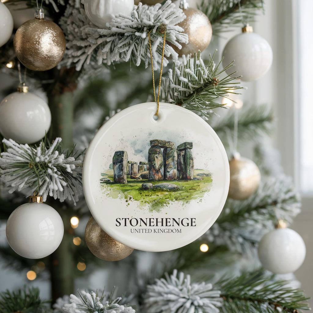 Stonehenge England Personalized Watercolor Ornament, Custom Ceramic Christmas gift, Travel Keepsake