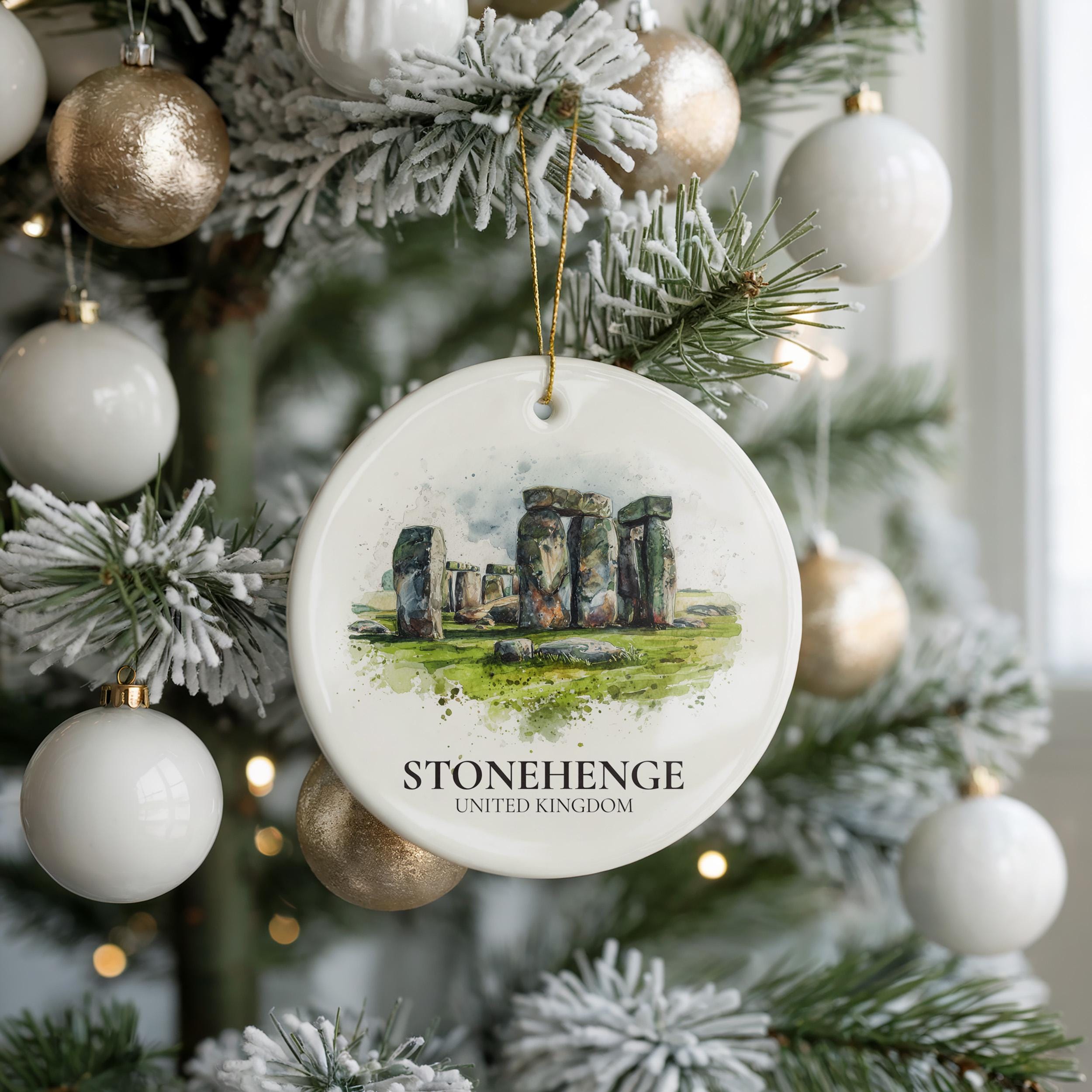 Stonehenge England Personalized Watercolor Ornament, Custom Ceramic Christmas gift, Travel Keepsake