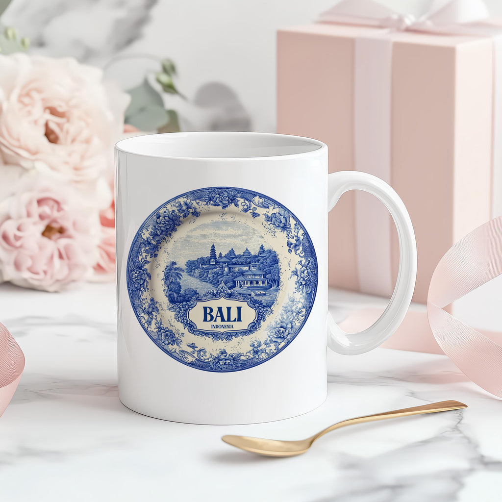 Bali Indonesia Mug, Custom Delft Style cup, Personalized Vintage Travel City Gift