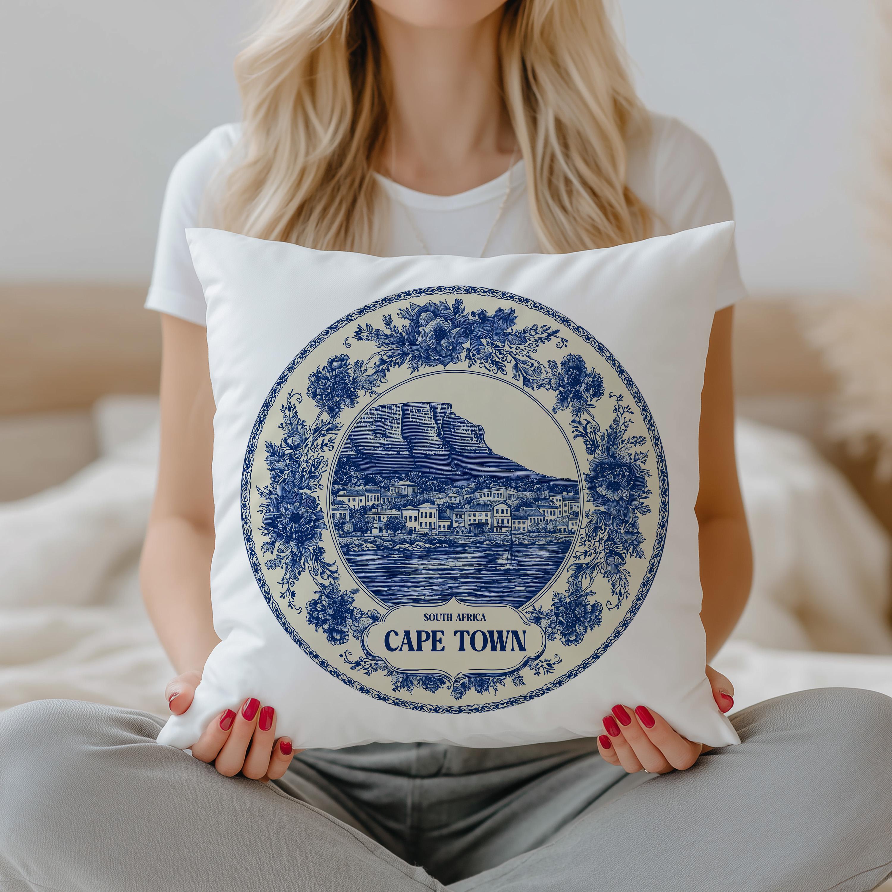 Cape Town South Africa Pillowcase, Delft Style Decorative Throw Pillow, Vintage Cityscape Retro Home Decor