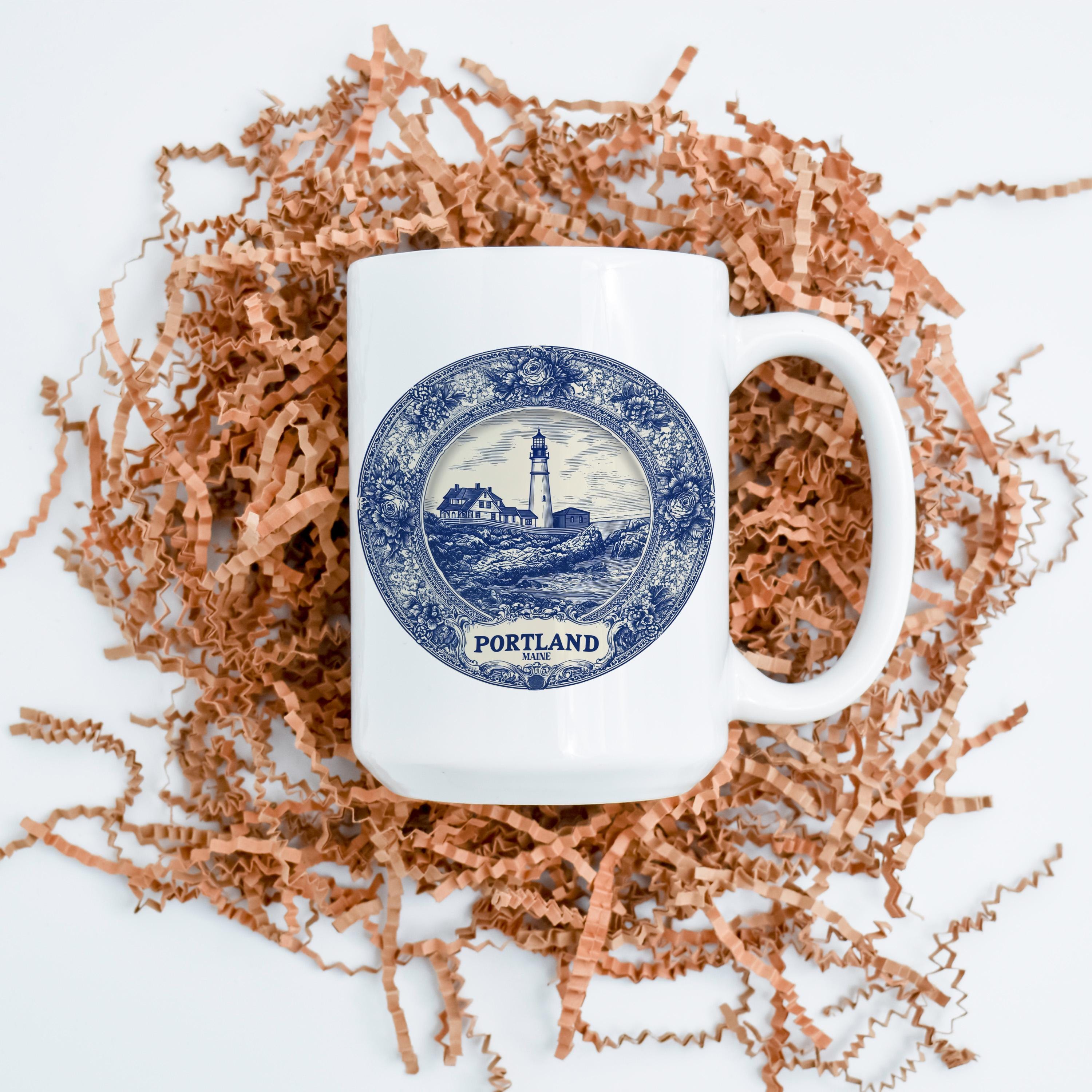 Portland Maine Mug, Custom Delft Style cup, Personalized Vintage Travel City Gift