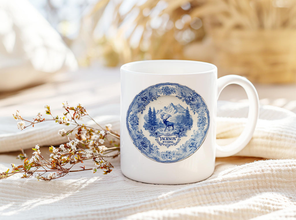 Jackson  Wyoming Mug, Custom Delft Style cup, Personalized Vintage Travel City Gift