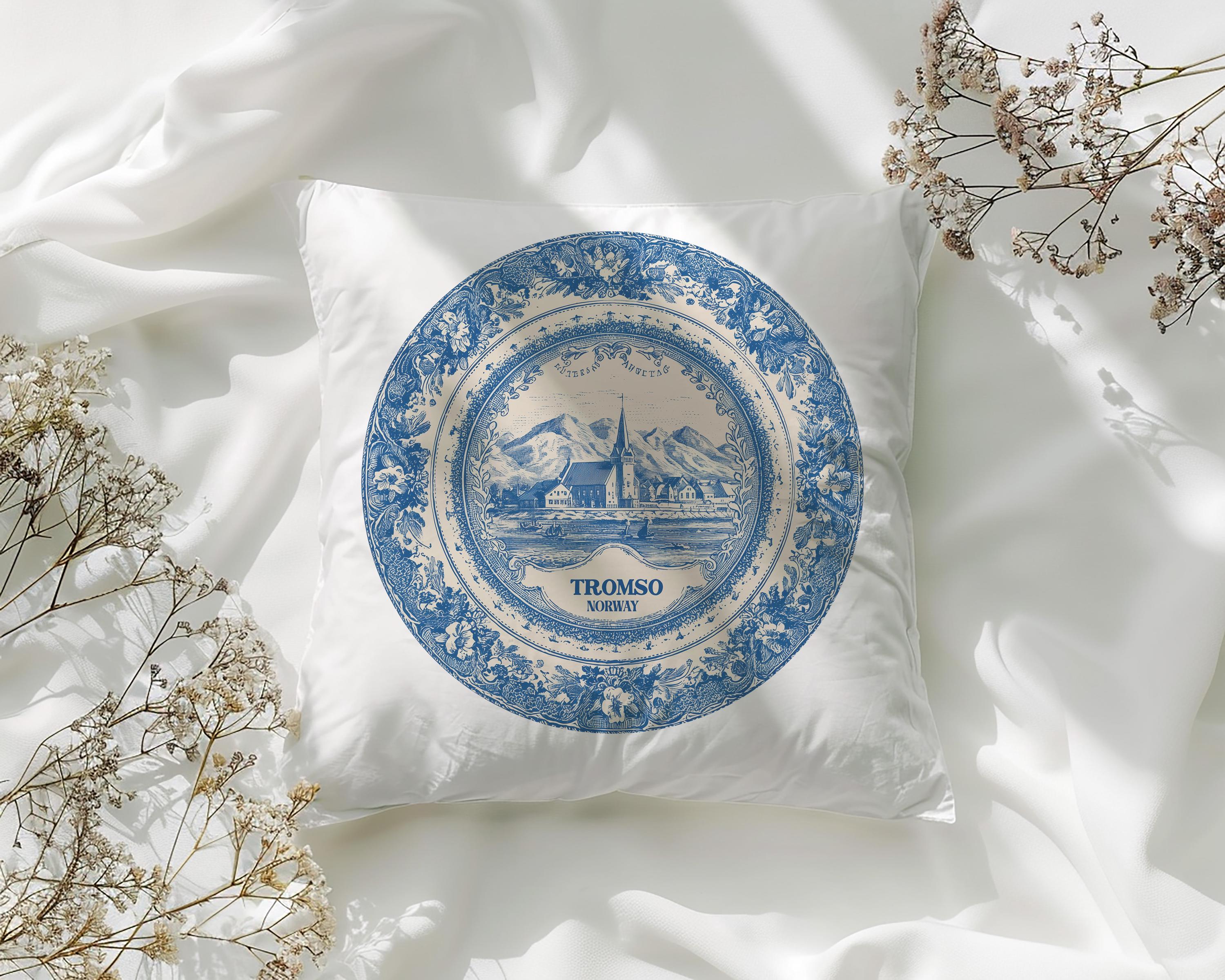 Tromso Norway Pillowcase, Delft Style Decorative Throw Pillow, Vintage Cityscape Retro Home Decor