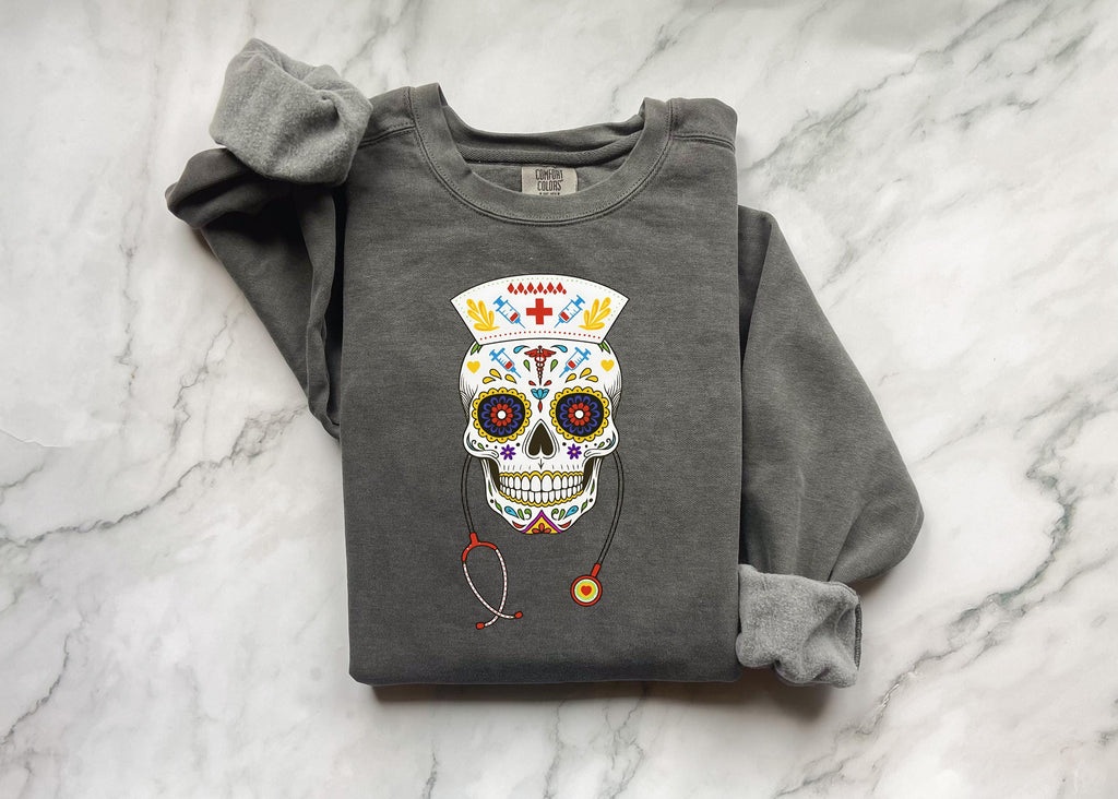Halloween Nurse Skull Sweatshirt, Spooky RN Day of the Dead Top, Gothic Medical Fall Pullover, Retro Skeleton Apparel, Gift for Nurse