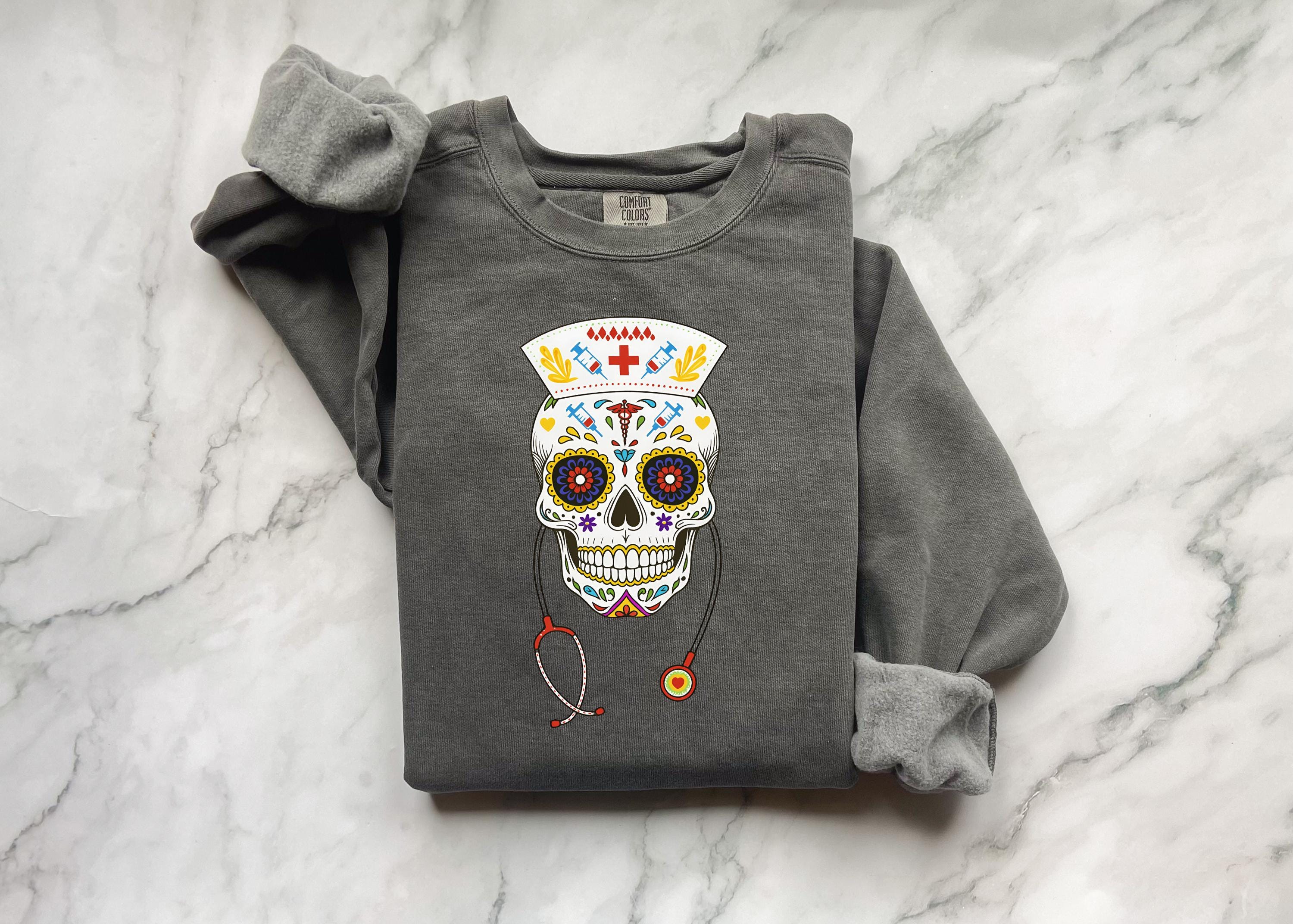 Halloween Nurse Skull Sweatshirt, Spooky RN Day of the Dead Top, Gothic Medical Fall Pullover, Retro Skeleton Apparel, Gift for Nurse