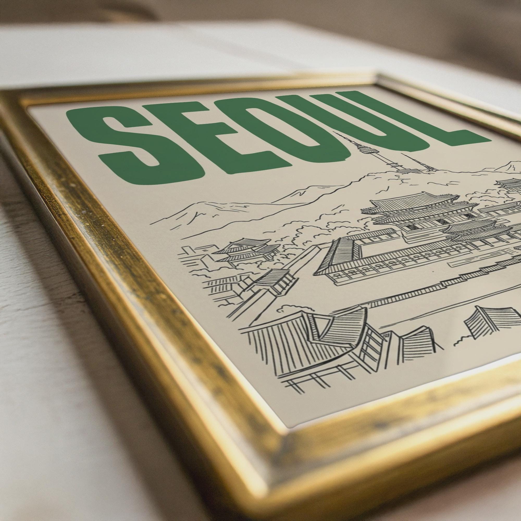Seoul South Korea Wall Art, Framed Canvas Print, Retro Travel Decor