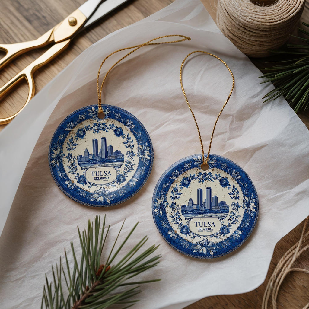 Custom Tulsa Oklahoma Ceramic Delft Ornament, Christmas Delftware Blue Delftware city travel