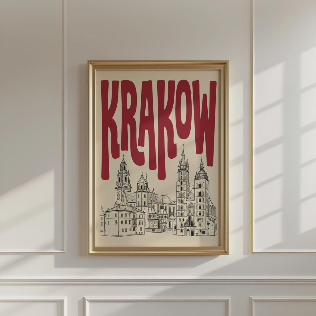 Krakow Poland Skyline Wall Art, Framed Canvas Print, Minimalist Line Art Decor
