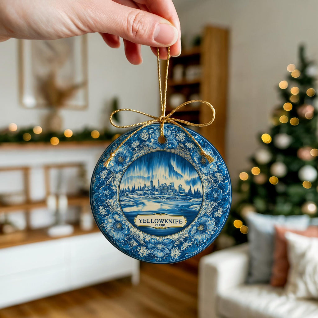Custom Yellowknife Canada Ceramic Delft Ornament, Christmas Delftware Blue Delftware city travel