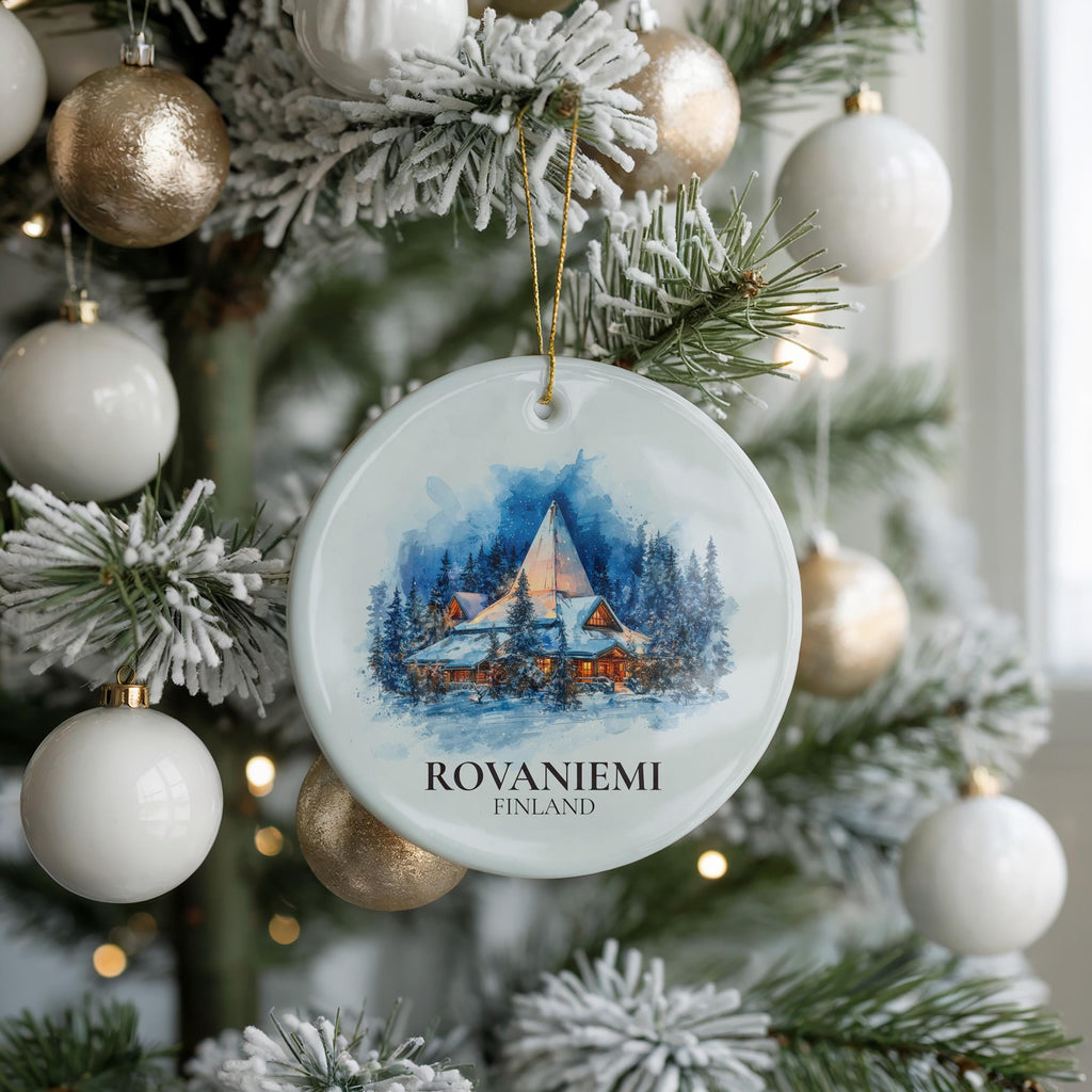 Rovaniemi Finland Personalized Watercolor Ornament, Custom Ceramic Christmas gift, Travel Keepsake