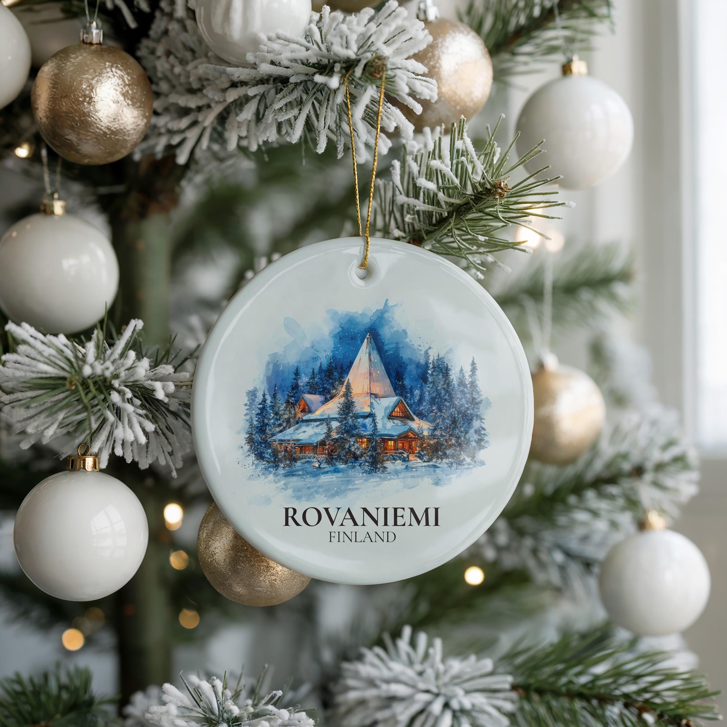 Rovaniemi Finland Personalized Watercolor Ornament, Custom Ceramic Christmas gift, Travel Keepsake