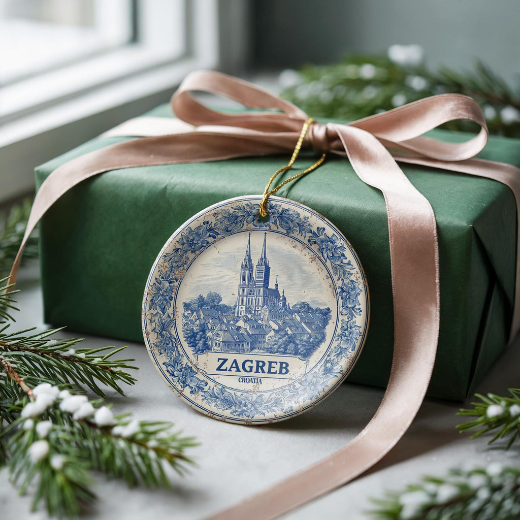 Custom Zagreb Croatia Ceramic Delft Ornament, Christmas Delftware Blue Delftware city travel