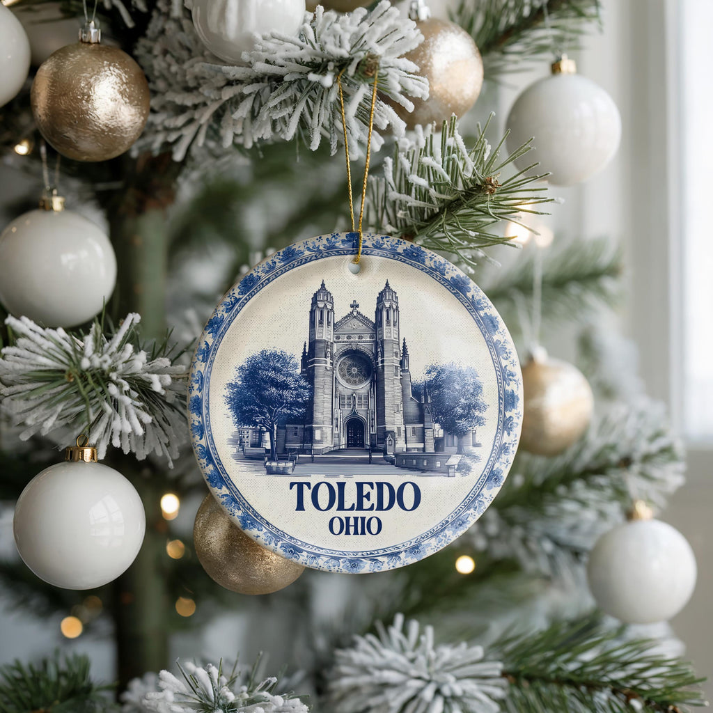 Custom Toledo Ohio Ceramic Delft Ornament, Christmas Delftware Blue Delftware city travel