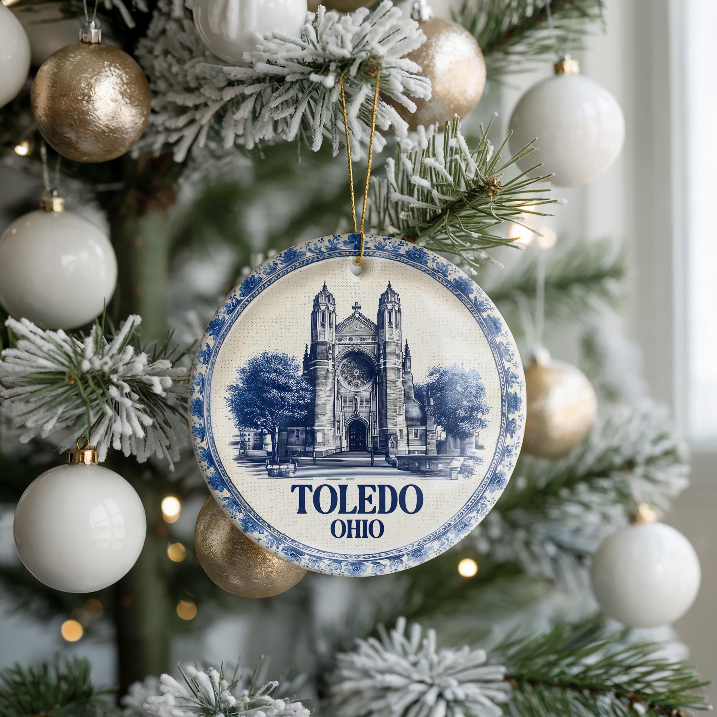 Custom Toledo Ohio Ceramic Delft Ornament, Christmas Delftware Blue Delftware city travel