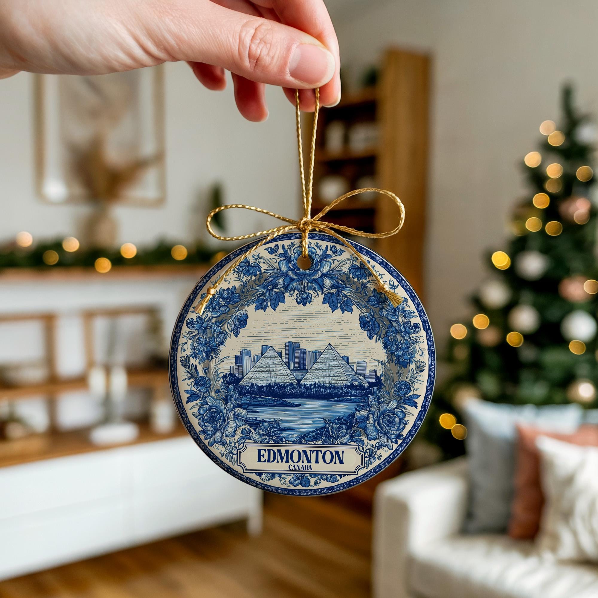 Custom Edmonton Canada Ceramic Delft Ornament, Christmas Delftware Blue Delftware city travel