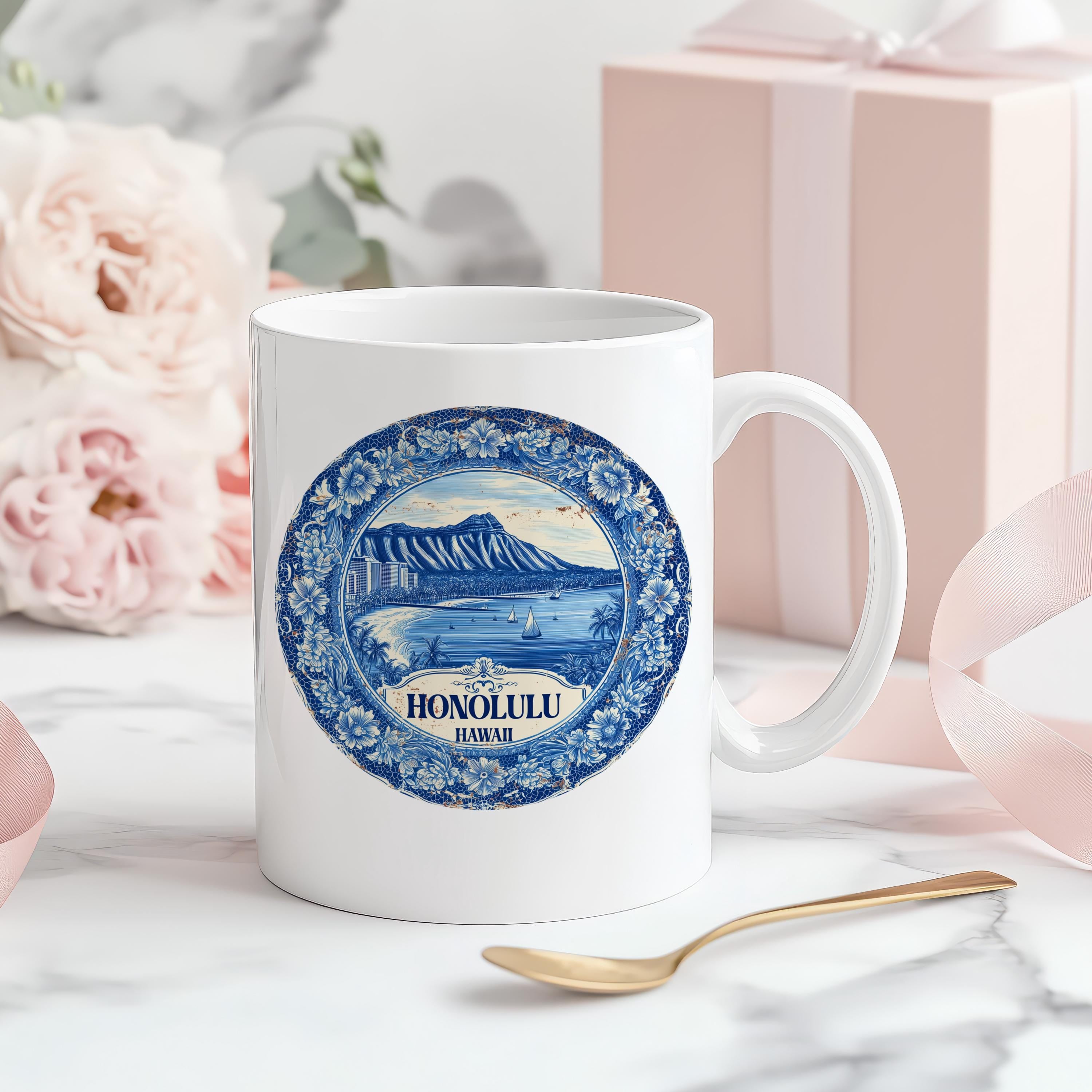 Honolulu Hawaii Mug, Custom Delft Style cup, Personalized Vintage Travel City Gift