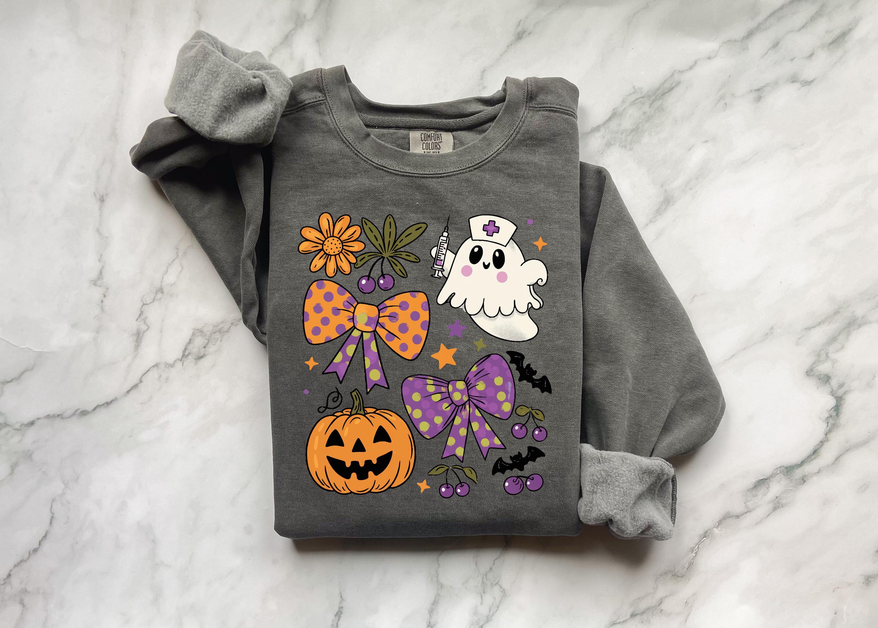 Halloween Nurse Ghost Sweatshirt, Retro Spooky Pumpkin Fall Crewneck, Cute Ghost Nurse Pullover with Flowers and Bows, Gift for RN