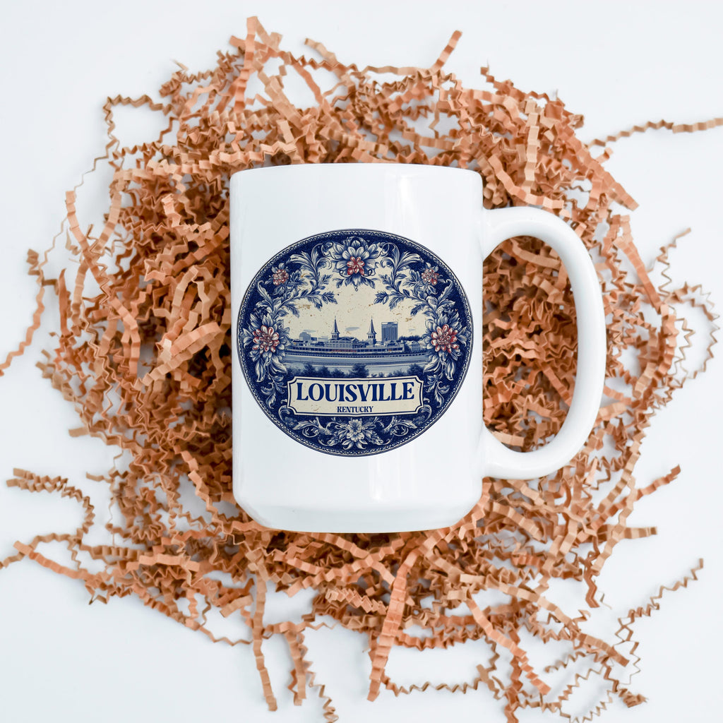 Louisville Kentucky Mug, Custom Delft Style cup, Personalized Vintage Travel City Gift
