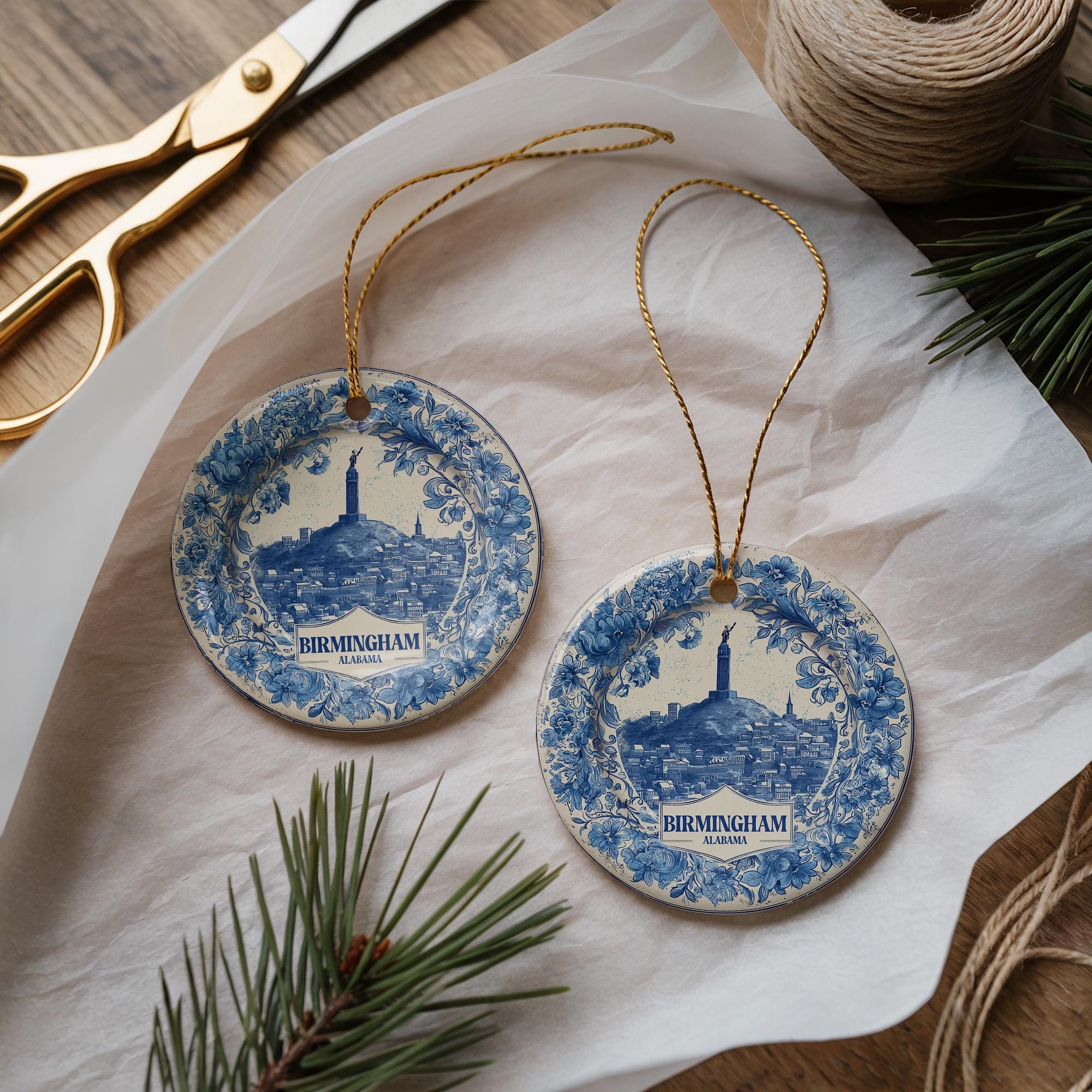 Custom Birmingham Alabama Ceramic Delft Ornament, Christmas Delftware Blue Delftware city travel