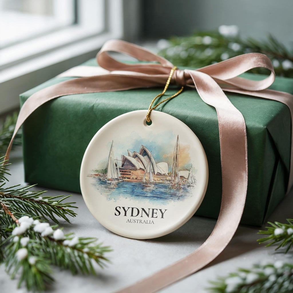Sydney Australia Personalized Watercolor Ornament, Custom Ceramic Christmas gift, Travel Keepsake