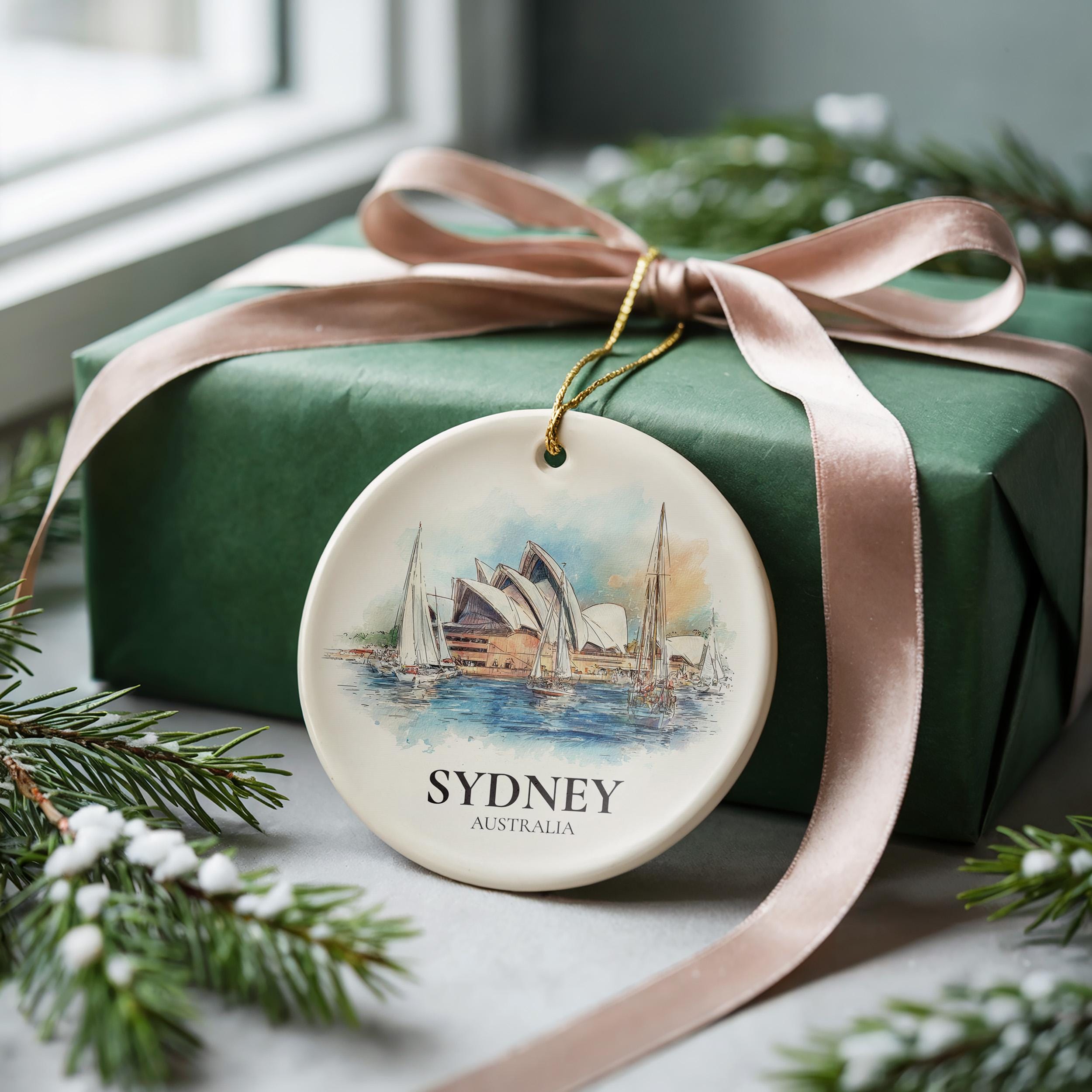 Sydney Australia Personalized Watercolor Ornament, Custom Ceramic Christmas gift, Travel Keepsake